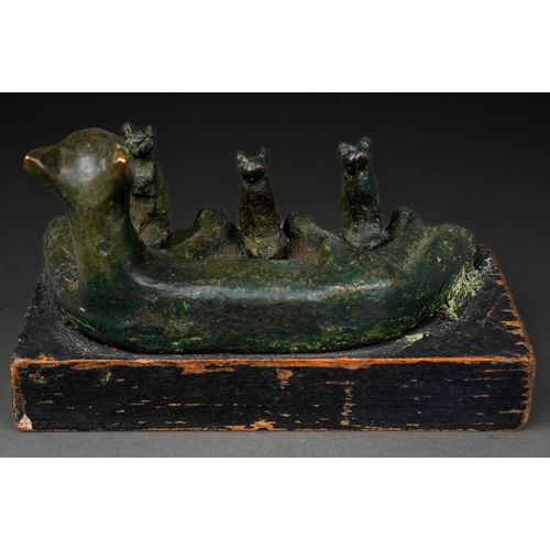 896 - Bronze Bastet cat and kittens Egyptian Artefact. 
The mother lying on her left side with her legs pa... 