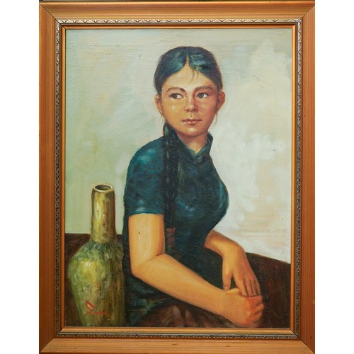 907 - Three oil paintings to include a double sided -portrait of a girl and corning ware, one of two kitte... 