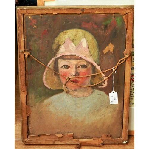 907 - Three oil paintings to include a double sided -portrait of a girl and corning ware, one of two kitte... 