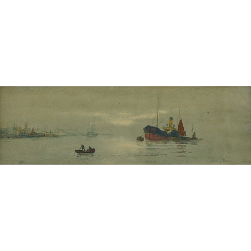 923 - W E J Dean (British, d.1958)
Rowing back to shore (boats in harbour) 
watercolour 11.5 x 36cm
signed... 