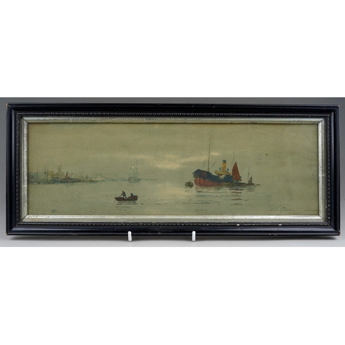 923 - W E J Dean (British, d.1958)
Rowing back to shore (boats in harbour) 
watercolour 11.5 x 36cm
signed... 