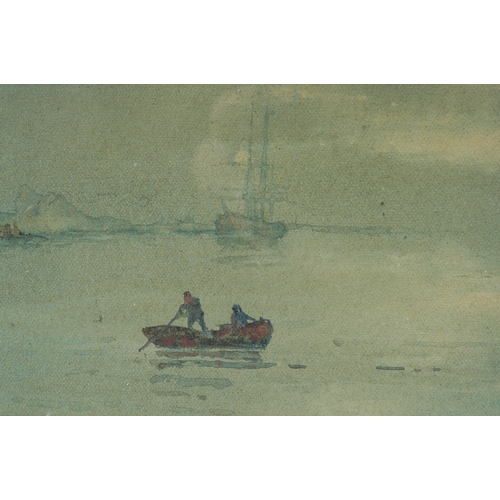 923 - W E J Dean (British, d.1958)
Rowing back to shore (boats in harbour) 
watercolour 11.5 x 36cm
signed... 