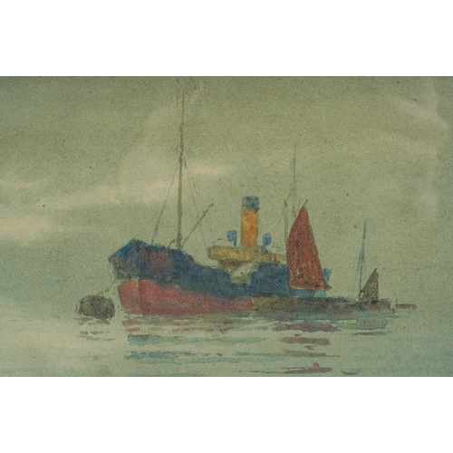 923 - W E J Dean (British, d.1958)
Rowing back to shore (boats in harbour) 
watercolour 11.5 x 36cm
signed... 