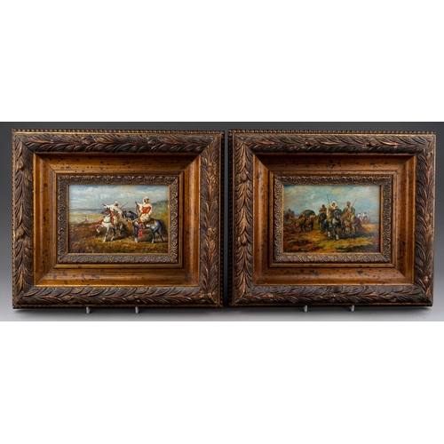 924 - 20th Century School, Arabian Scenes
oil on board, a pair, approx 11 x 16.5cm
one signed E Valardi, g... 