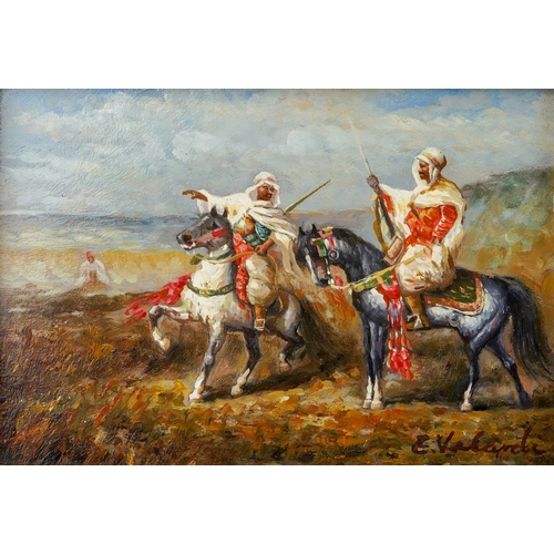 924 - 20th Century School, Arabian Scenes
oil on board, a pair, approx 11 x 16.5cm
one signed E Valardi, g... 