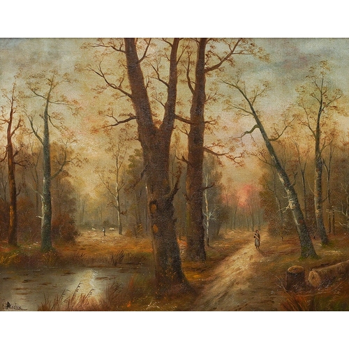 933 - E Austin (early 20th Century)
Woodland view with figure on path
oil on canvas, 41 x 51cm
signed lowe... 