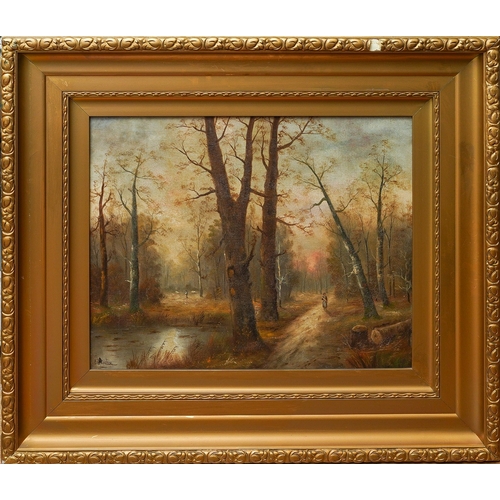 933 - E Austin (early 20th Century)
Woodland view with figure on path
oil on canvas, 41 x 51cm
signed lowe... 