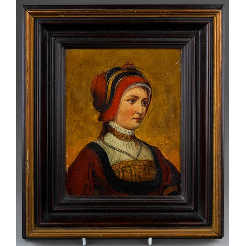 939 - Oil on panel, initialled UK, continental portrait of lady pre Raphaelite style, in ebonised frame, a... 