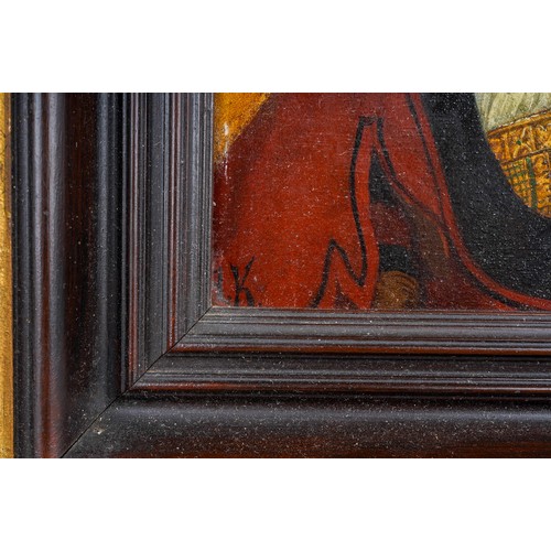 939 - Oil on panel, initialled UK, continental portrait of lady pre Raphaelite style, in ebonised frame, a... 