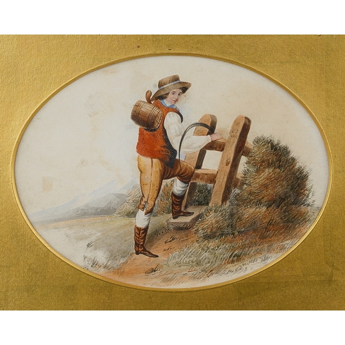 943 - English School (early 19th Century)
Farmer at stile
watercolour, oval, 12 x 15cm 
signed with initia... 