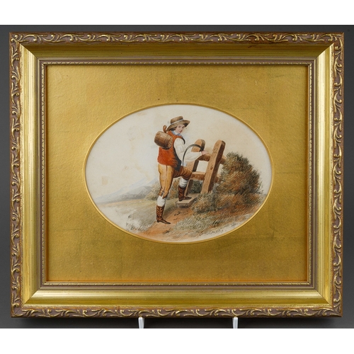 943 - English School (early 19th Century)
Farmer at stile
watercolour, oval, 12 x 15cm 
signed with initia... 