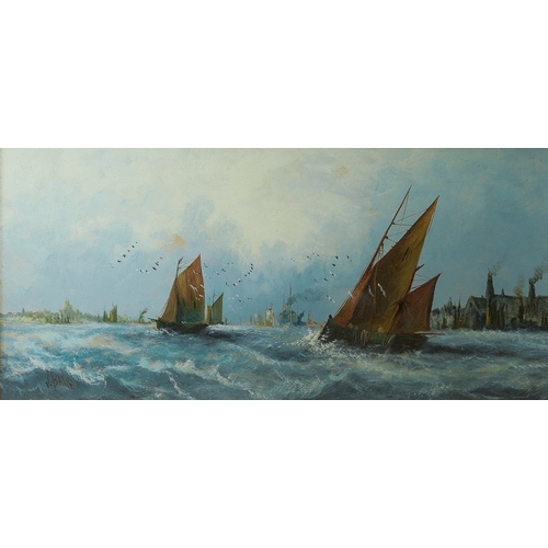 955 - J Bale (British, 19th Century)
Fishing boats at sea and in harbour
oil on board, a pair, 29 x 58.5cm... 