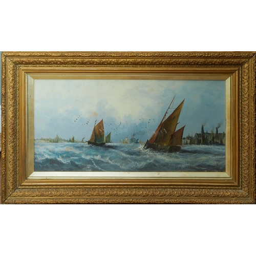 955 - J Bale (British, 19th Century)
Fishing boats at sea and in harbour
oil on board, a pair, 29 x 58.5cm... 