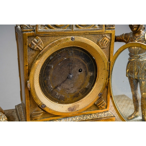 967 - A late 19th century gilt probably Austrian metal figural mantel clock, the central gothic arched cas... 