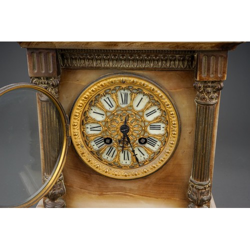 968 - A French marble Doric Temple mantle clock, gilt metal dial with Roman numerals, gilt metal column su... 