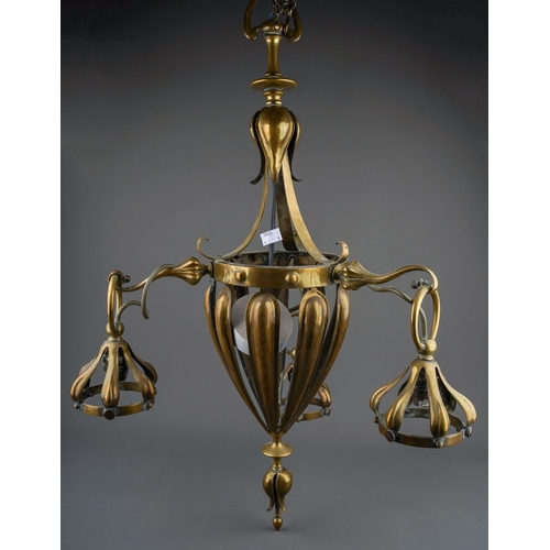 973 - Arts & Crafts art nouveau  brass ceiling light in manner of W.A.S Benson, total height approx 75 cm ...