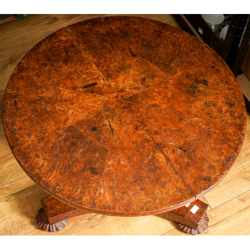 976 - An early Victorian burr oak occasional table, the circular top with eight divisions, on a reduced tr... 