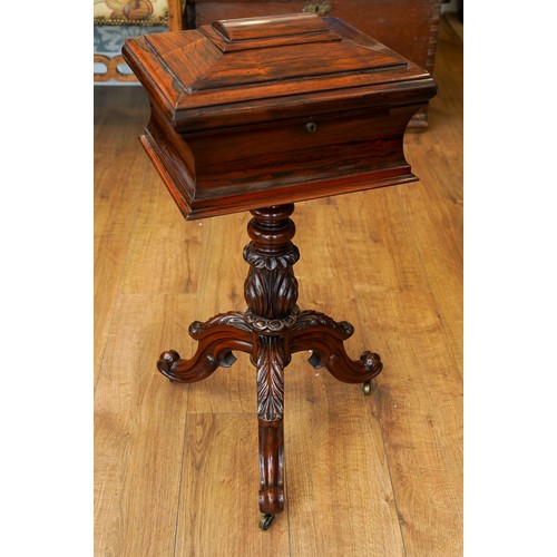 977 - A Victorian rosewood teapoy, the sarcophagus top with hinged cover enclosing a pair of velvet lined ... 