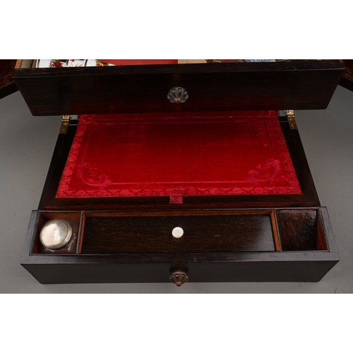 978 - A Victorian rosewood table top sewing cabinet, hinged caddy top with mother of pearl cartouche, the ... 