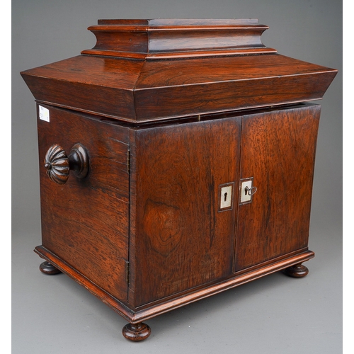 978 - A Victorian rosewood table top sewing cabinet, hinged caddy top with mother of pearl cartouche, the ... 