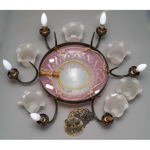 749 - Large pink art deco glass ceiling light plus 6 x white repro. outer glass shades, complete and ready... 