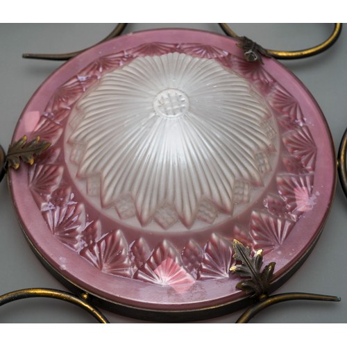 749 - Large pink art deco glass ceiling light plus 6 x white repro. outer glass shades, complete and ready... 