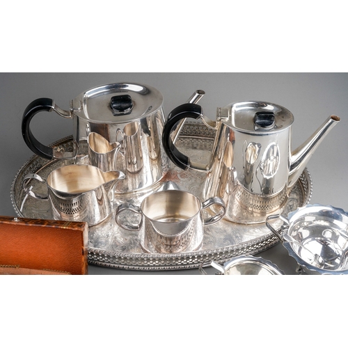 303 - Assorted silver plate, EPNS including Walker & Hall four piece tea and coffee service; sugar bowl an... 