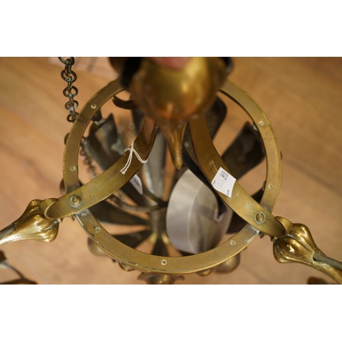 973 - Arts & Crafts art nouveau  brass ceiling light in manner of W.A.S Benson, total height approx 75 cm ... 