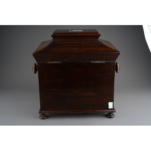 978 - A Victorian rosewood table top sewing cabinet, hinged caddy top with mother of pearl cartouche, the ... 