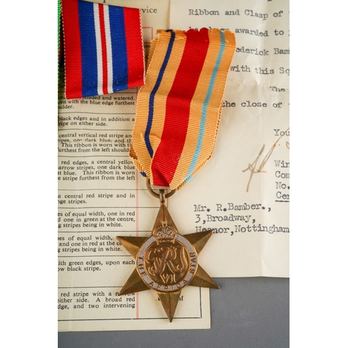 77 - WWII medals to include: 
1. O.H.M.S box addressed to  W R Bamber Esq including The Africa Star and r... 