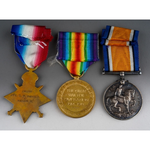 108 - WW1 British 1914-15 Star, War Medal and Victory Medal to 24016 Pte GF Bamber, Manchester Regimnet, c... 