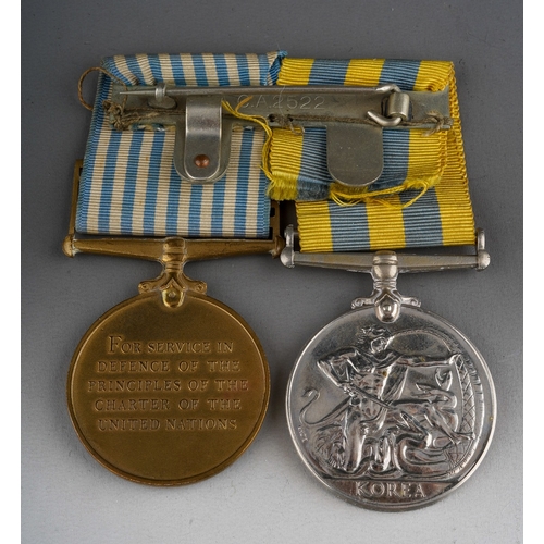 123 - British Korea Medal and UN Korea Medal mounted on a bar complete with original ribbons to 22787895 P... 