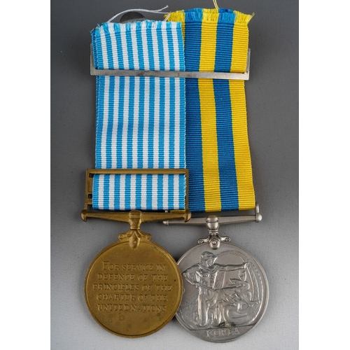 127 - British Korea Medal and UN Korea Medal mounted on a bar with replacement ribbons to 22799950 Trooper... 