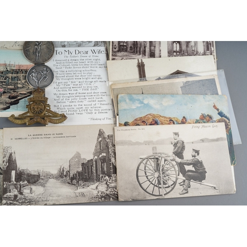 151 - Collection of over 30 WW1 British and French Postcards, mainly photographic images. Along with a Kin... 