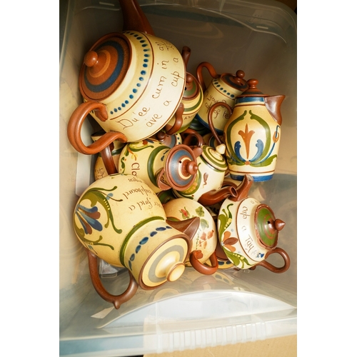 161 - Two boxes of Torquay pottery motto ware, including tea pots, jugs, plates, cups, saucers, hot water ... 