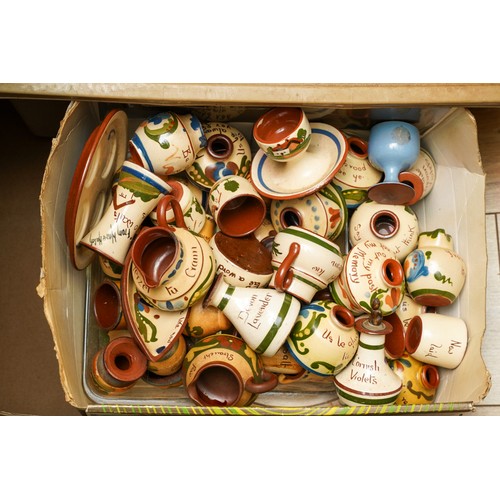 162 - Three boxes of Torquay pottery motto ware, including jugs, hot water jugs, egg cups, perfume flasks,... 