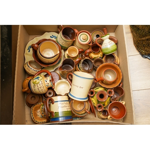 162 - Three boxes of Torquay pottery motto ware, including jugs, hot water jugs, egg cups, perfume flasks,... 