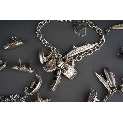 168 - Three silver charm bracelets and ten loose silver and white metal charms, all of Nautical interest, ... 