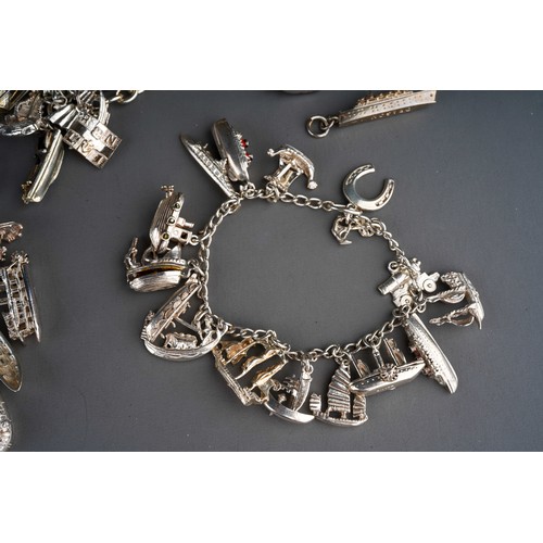 168 - Three silver charm bracelets and ten loose silver and white metal charms, all of Nautical interest, ... 