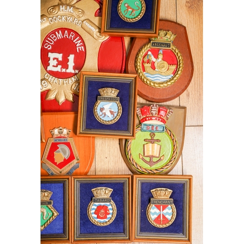 184 - A box containing eighteen items of Naval interest, including a quantity of Royal Navy ships crests o... 