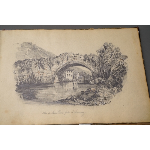 203 - A Victorian sketch book containing eight pencil sketches of European landscapes, book measures 27cm ... 