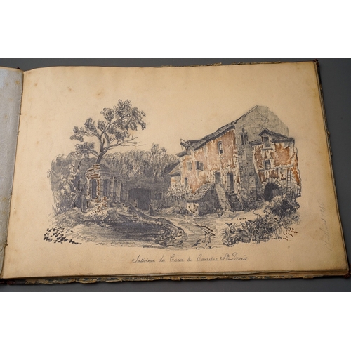 203 - A Victorian sketch book containing eight pencil sketches of European landscapes, book measures 27cm ... 