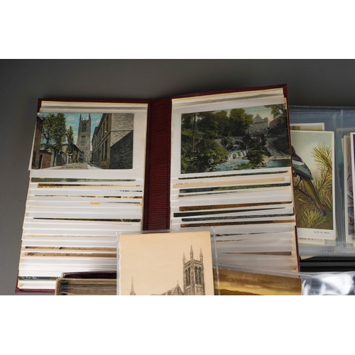 222 - A collection of postcards in four albums and loose, including topographical views in Derbyshire, in ... 