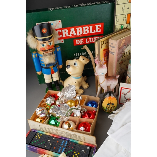 232 - A group of juvenalia, collectables, vintage Christmas decorations, etc, including vintage Monopoly, ... 