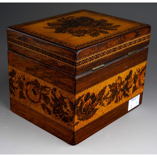 242 - A Tunbridge Ware coromandel rectangular tea caddy, the cover inset with a cube work floral bouquet w... 