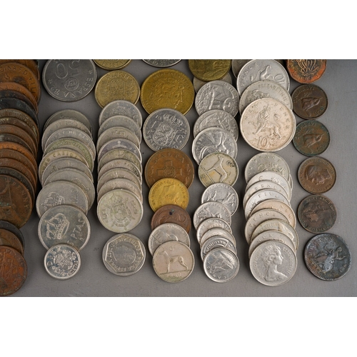 312 - A small tin of British and World coins, pre and post decimal, mostly 20th century, includes a NHS 50... 