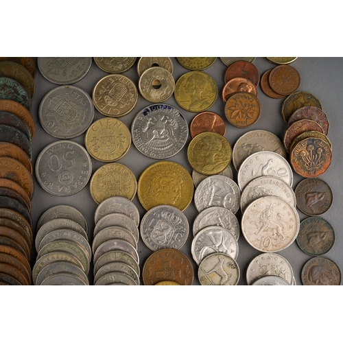 312 - A small tin of British and World coins, pre and post decimal, mostly 20th century, includes a NHS 50... 