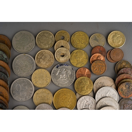 312 - A small tin of British and World coins, pre and post decimal, mostly 20th century, includes a NHS 50... 