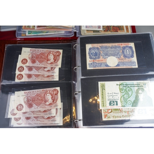 320 - Three folders of British and World banknotes, ten coin first day covers, other world coin sets and a... 