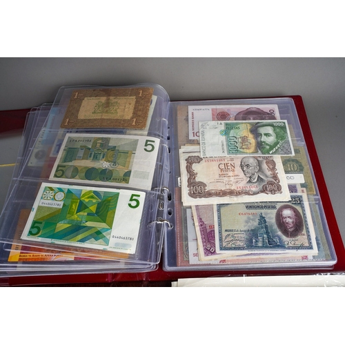 320 - Three folders of British and World banknotes, ten coin first day covers, other world coin sets and a... 